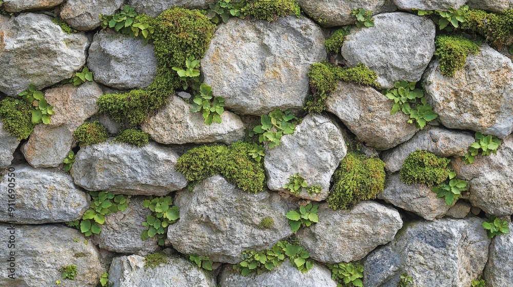 Stone wall surface featuring an intricate pattern of moss interspersed with weathered stones, creating a blend of natural textures and vibrant greens Stone wall surface featuring an intricate pattern of moss interspersed with weathered stones, creating a blend of natural textures and vibrant greens