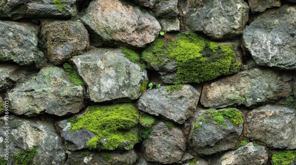 Moss-covered stone wall surface featuring a rich pattern of moss and stones, creating a rugged and textured backdrop with natural imperfections Moss-covered stone wall surface featuring a rich pattern of moss and stones, creating a rugged and textured backdrop with natural imperfections