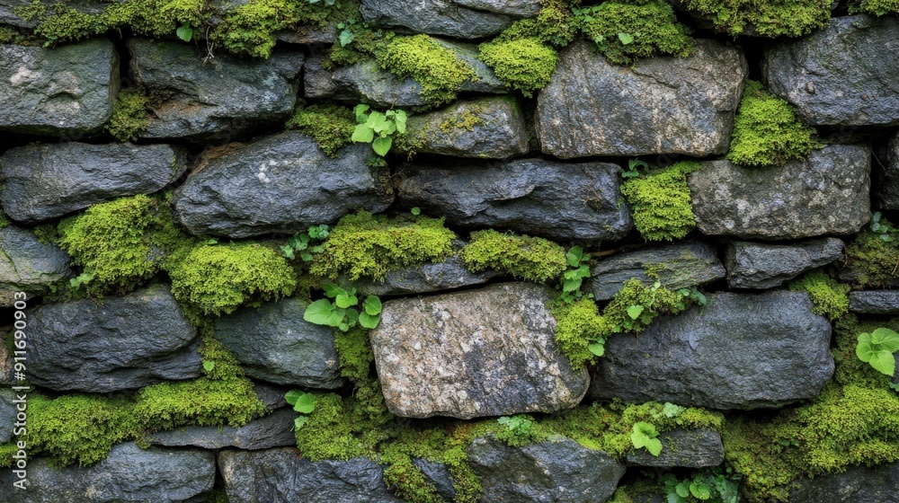 Stone wall with a rich texture of moss growing in between stones, displaying natural wear and a complex pattern of earthy greens and grays Stone wall with a rich texture of moss growing in between stones, displaying natural wear and a complex pattern of earthy greens and grays