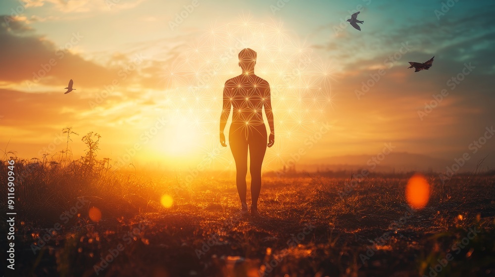 Woman silhouette meditation and spiritual. Zen and wellness concept Woman silhouette meditation and spiritual. Zen and wellness concept