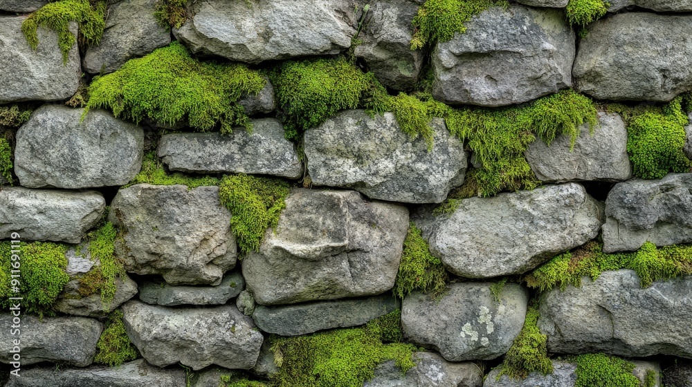 Moss-covered stone wall showcasing an intricate pattern of green moss interspersed with rugged stone textures, creating a visually rich and natural backdrop