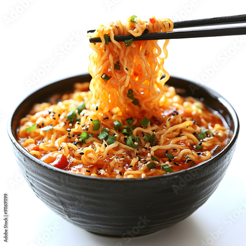 enjoying noodles with chopsticks in melbourne isolated on white background, text area, png photo