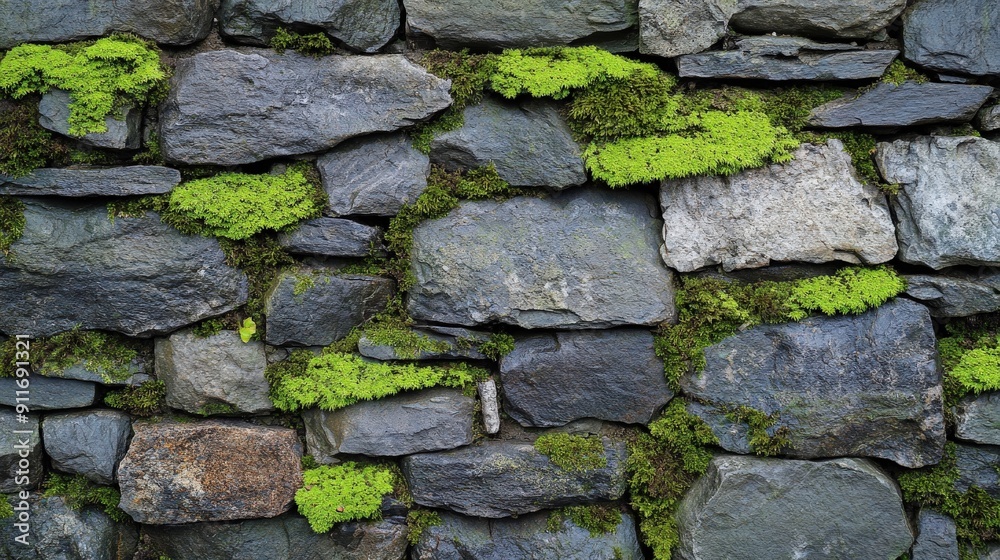 Obraz premium Patterned stone wall with moss growth accentuating the surface texture, showcasing a combination of natural moss and stone elements in a detailed layout