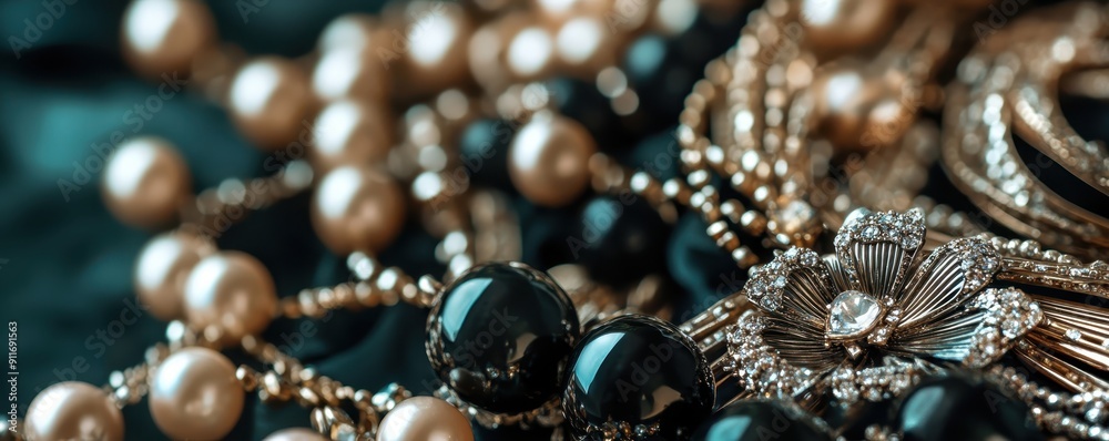 Elegant close-up of beautiful pearl and gemstone jewelry, showcasing intricate bead and beadwork design on a dark background. Elegant close-up of beautiful pearl and gemstone jewelry, showcasing intricate bead and beadwork design on a dark background.