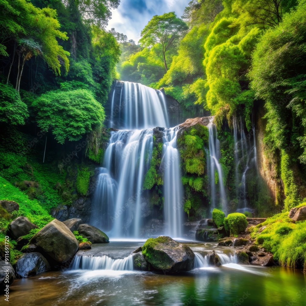 Fototapeta premium Serene Waterfall Cascading Through Lush Greenery, Long Exposure Photography, Tranquil Nature, Waterfall, Forest, Green, Nature