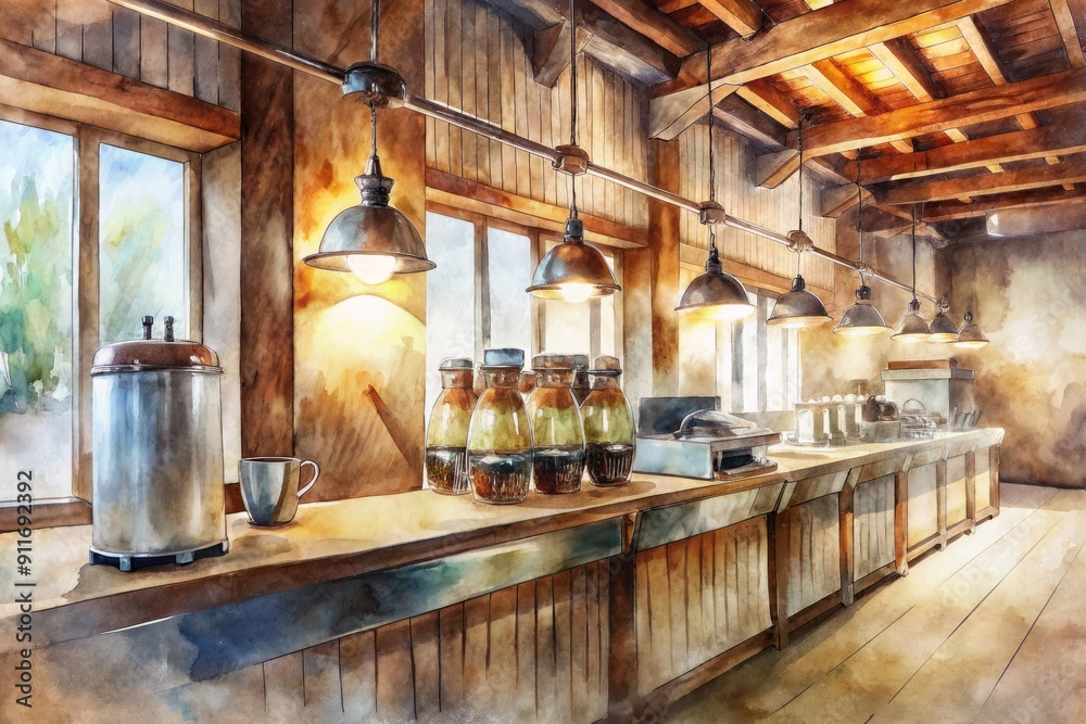 Fototapeta premium Attractive rustic wooden coffee shop interior with sleek espresso machine and rows of mason jars, highlighting the owner's passion for artisanal coffee creations.