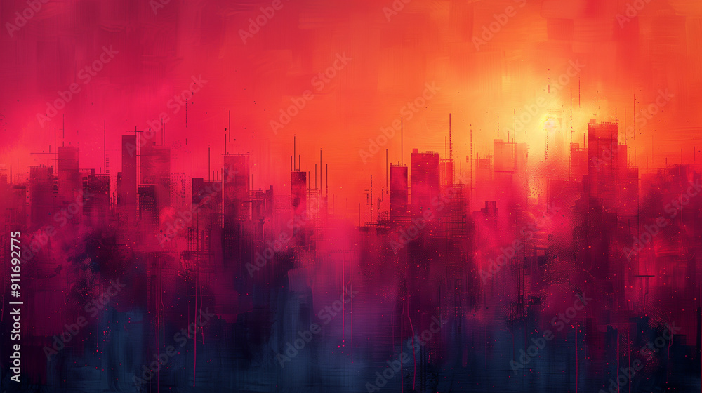 Vibrant abstract cityscape with a warm, colorful sunset. The skyline is shrouded in mist, featuring tall buildings against a dynamic red and orange sky. Vibrant abstract cityscape with a warm, colorful sunset. The skyline is shrouded in mist, featuring tall buildings against a dynamic red and orange sky.