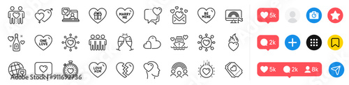 Male female, Dating and Friendship line icons pack. Social media icons. Be mine, Champagne glasses, Care web icon. Honeymoon cruise, Love champagne, Lgbt pictogram. Vector