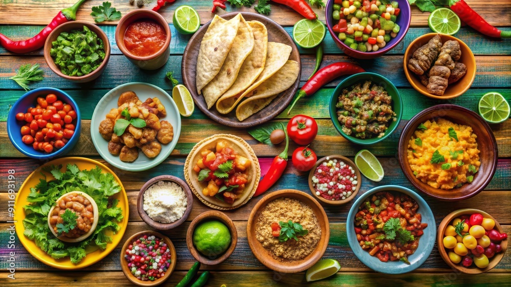 Fototapeta premium Top View of Colorful Mexican Dishes on Rustic Wooden Table, Mexican Food, Taco Ingredients, Authentic Recipes , Mexican Cuisine