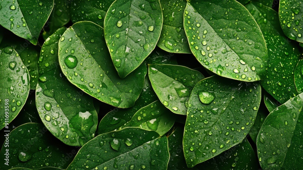 Fototapeta premium A close-up of lush green leaves covered in water droplets, showcasing nature's beauty and freshness, ideal for environmental or botanical themes.
