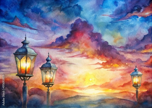 Vibrant sunset background with three lanterns flying high in the sky, symbolizing friendship, teamwork, and celebration of mutual achievements and successes. photo