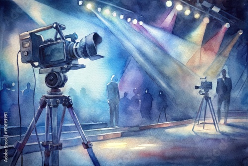 Professional broadcast television camera equipment setup on tripod, spotlight shining, recording live event in darkened studio or concert hall with flashing lights background.