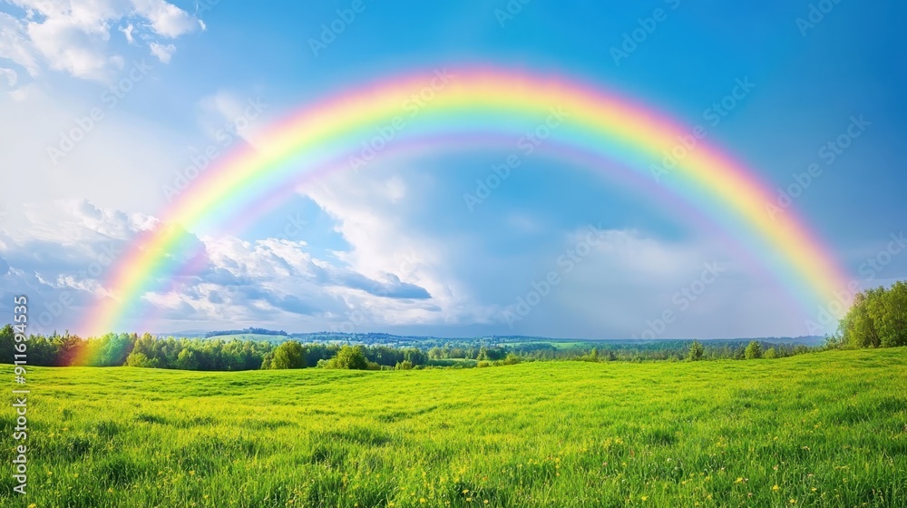 Vibrant rainbow arches over scenic green field under the blue sky, creating a stunning natural landscape view. Vibrant rainbow arches over scenic green field under the blue sky, creating a stunning natural landscape view.