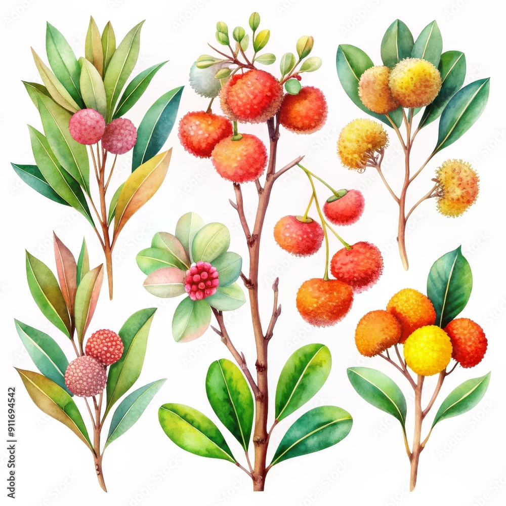 Watercolor Illustration of Arbutus Unedo with Red and Yellow Berries, Botanical Illustration, Arbutus Unedo, Watercolor Painting, Berry Watercolor Illustration of Arbutus Unedo with Red and Yellow Berries, Botanical Illustration, Arbutus Unedo, Watercolor Painting, Berry