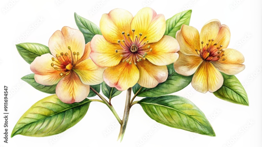 Obraz premium Watercolor Illustration of a Yellow Flower with Green Leaves, Watercolor Flower , Floral Illustration , Botanical Art , Flower Painting