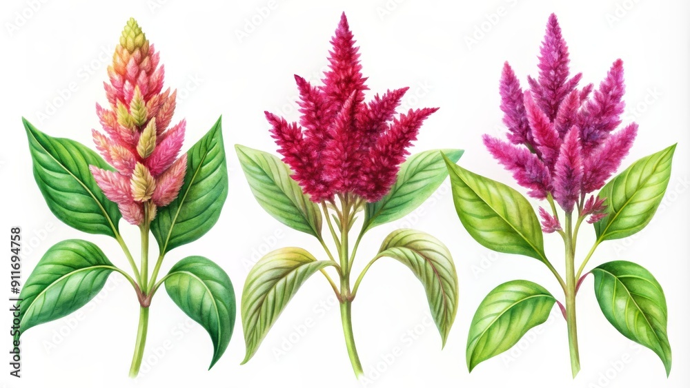Watercolor Illustration of Three Amaranthus Flowers with Green Leaves, Watercolor, Botanical Illustration, Amaranthus, Flower, Plant Watercolor Illustration of Three Amaranthus Flowers with Green Leaves, Watercolor, Botanical Illustration, Amaranthus, Flower, Plant