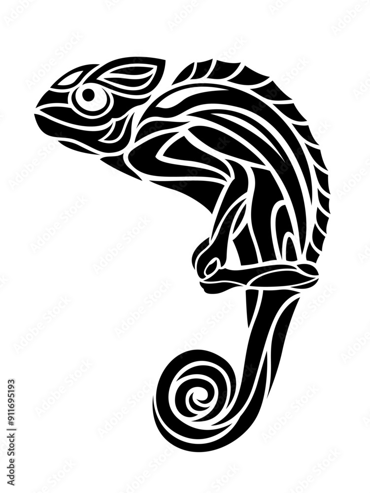 Black and white tattoo art with chameleon Black and white tattoo art with chameleon