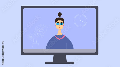 Online learning. Teacher on the monitor screen. Distance learning, video lesson. Concept of online school, digital education. Flat vector illustration.