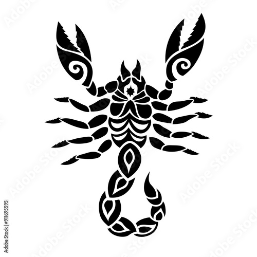 Black and white tribal tattoo art with scorpion