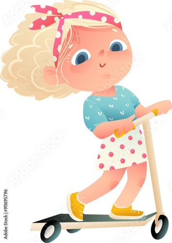 Cute blonde girl riding a kick scooter, kids character graphic cartoon. Childhood sport activity, happy schoolgirl on scooter. Sports and activity vector clip art illustration for children.