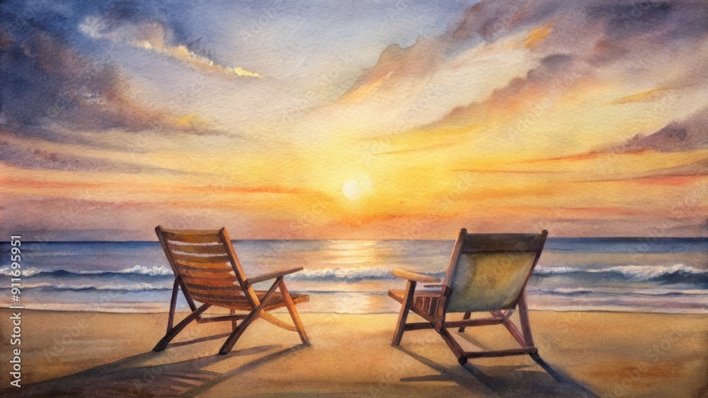 Warm glow of setting sun casts long shadows of two empty chairs facing serene ocean view, evoking friendship and tranquility on a peaceful beach evening. Warm glow of setting sun casts long shadows of two empty chairs facing serene ocean view, evoking friendship and tranquility on a peaceful beach evening.