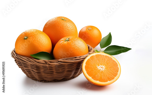 sweet orange in basket whole and slice isolated on white background