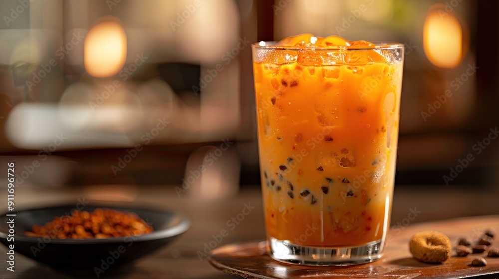 Iced Thai Tea with Boba in a Glass on a Wooden Coaster Iced Thai Tea with Boba in a Glass on a Wooden Coaster
