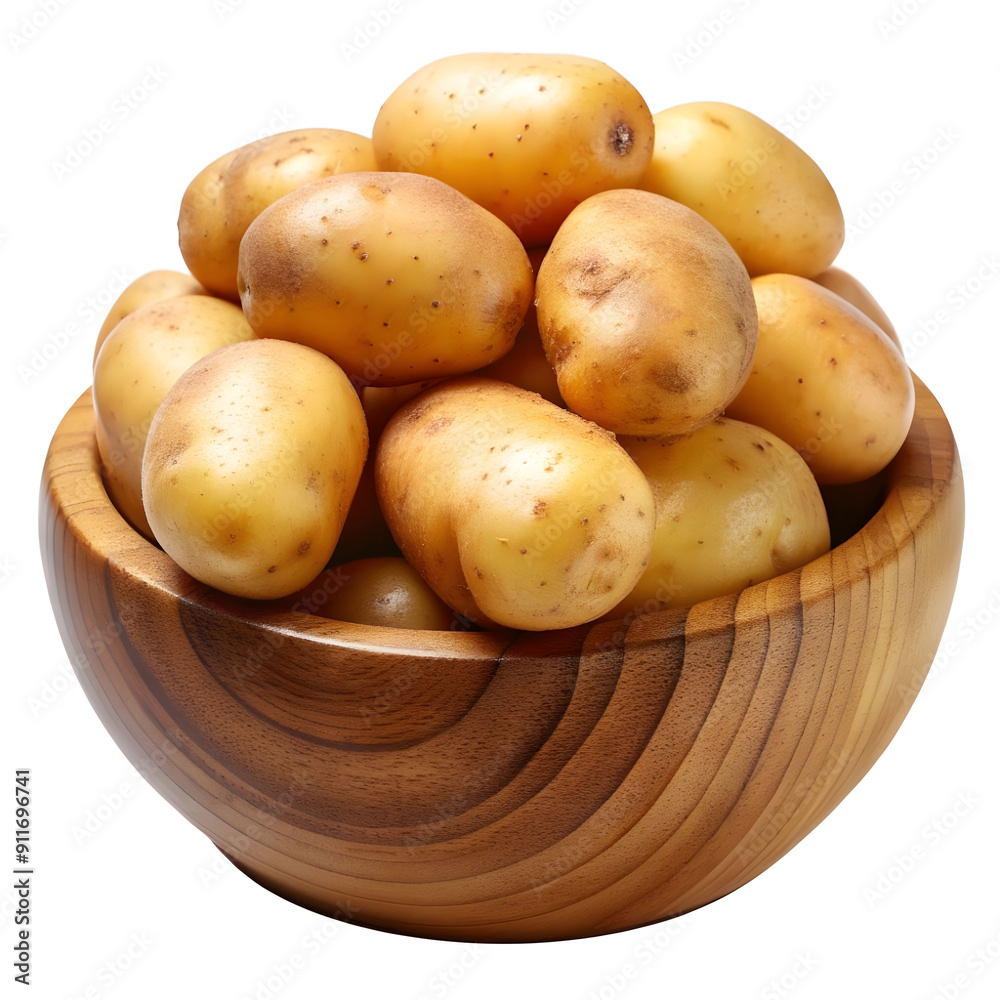 raw potatoes in a wooden bowl on a transparent bac raw potatoes in a wooden bowl on a transparent bac