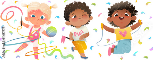 Cute children doing sports. Running, rhythmic gymnastics and skipping rope. Multinational characters boys and girls sport activity. Sports and games colorful vector clip art illustration for kids.