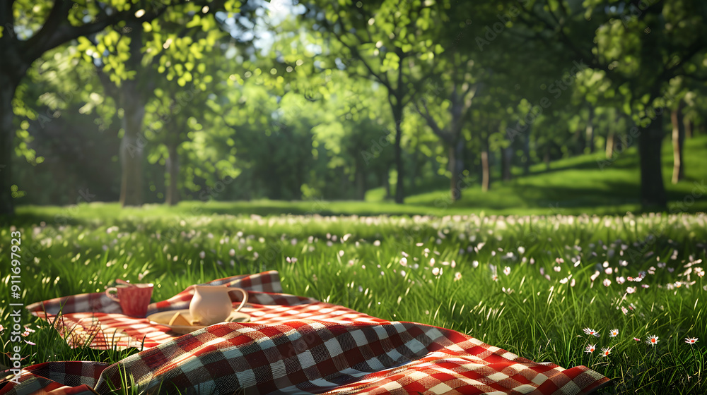 Family enjoying a picnic on a sunny day in a beautiful, green meadow. Peaceful relaxation.