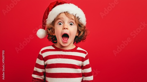 adorable surprised kid wearing a Santa Claus hat and striped sweater on a red background