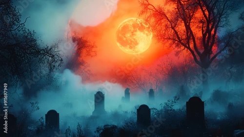 Mysterious Cemetery Scene with Full Moon and Misty Atmosphere During Dusk with Silhouetted Trees photo