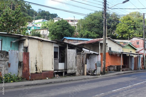 Obraz na płótnie Colorful shacks and a street at Castries, Saint Lucia