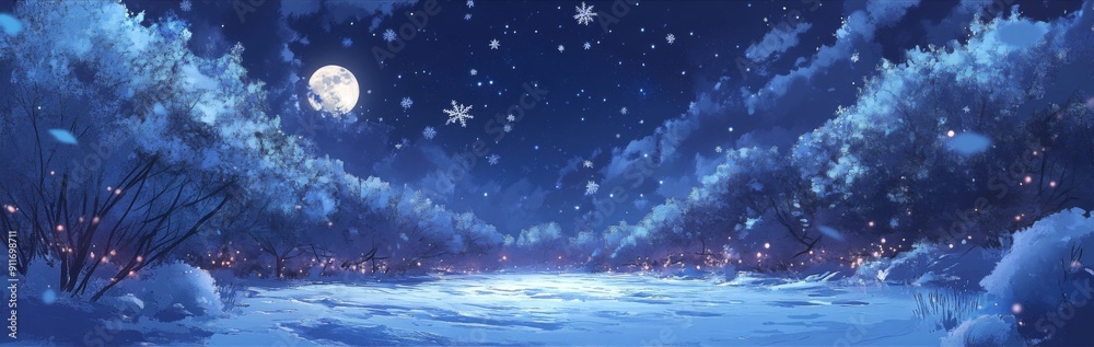 Naklejka premium Winter's Solace: A High-Definition Hand-Rendered Image Capturing the Tranquil Beauty of Snowflakes on a Peaceful Night, Embracing the Season's Enchantment Under the Moonlight and Serene Chill.