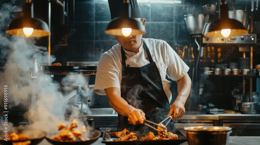 Chef Using Tongs to Cook Food in a Restaurant Kitchen Chef Using Tongs to Cook Food in a Restaurant Kitchen