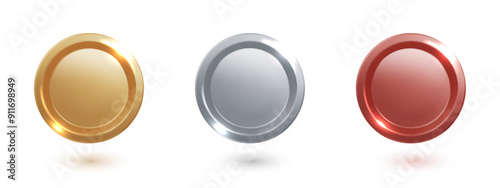 Award medal set isolated. PNG Realistic golden, silver, bronze blank medals. 3d realistic round frames medal or coin, winner emblem