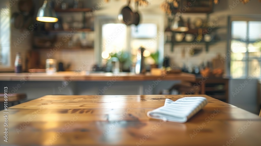 A Folded Napkin on a Wooden Table in a Blurred Kitchen A Folded Napkin on a Wooden Table in a Blurred Kitchen