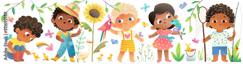 Children boys and girls hobby and activity in nature and at farm. Curious kids explore and study animals in nature, multiracial kids collection. Preschool vector illustration set, hand drawn cartoon.