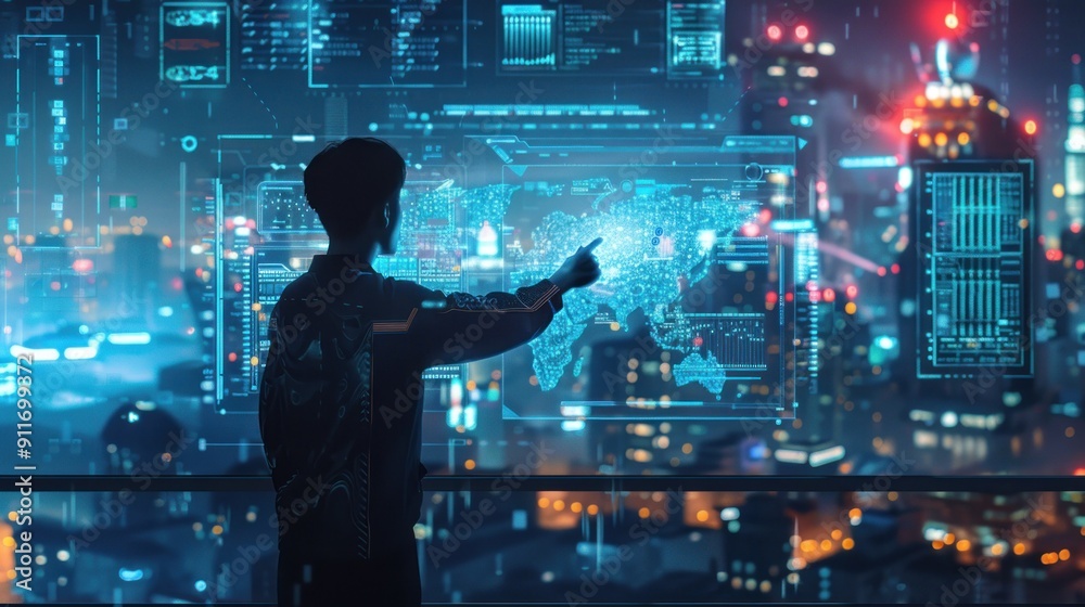 A Silhouetted Figure Interacting with a Digital World Map Interface