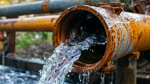 Fresh water streams out from a corroded pipe at a construction site, showcasing the impact of infrastructure on urban environments, pipe burst, water supply interruption photo