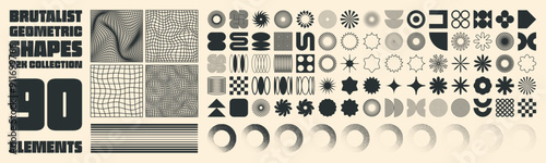 Brutalist geometric shapes, modern symbols. Groovy checkered pattern, distorted tiled grid. Simple elements, forms. Retro design, trendy contemporary minimalist style, y2k. Vector illustration