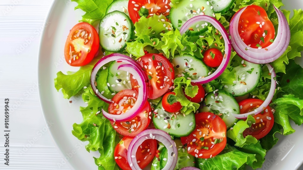 Fresh Green Salad with Tomatoes, Cucumber, Red Onion, and Sesame Seeds Fresh Green Salad with Tomatoes, Cucumber, Red Onion, and Sesame Seeds