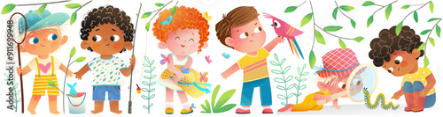 Children boys and girls explore and study nature insects and animals. Summer hobby and childhood activities, multiracial kids collection. Kids vector graphic illustration, hand drawn cartoon.
