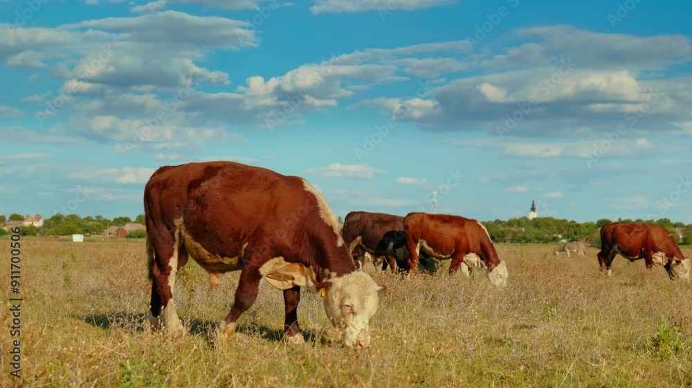 A peaceful rural scene with cows grazing in a green meadow under a blue sky A peaceful rural scene with cows grazing in a green meadow under a blue sky