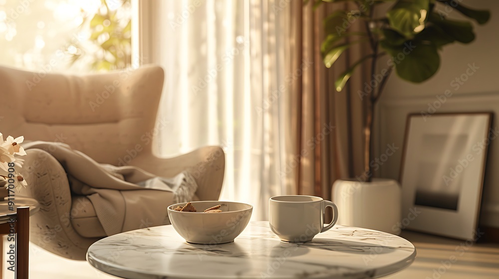 Fototapeta premium Beautiful Apartment, Sofa, Chair, Dining Table wall Mockup Interior design of modern living room. Generative AI