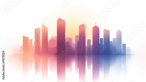 A vibrant city skyline silhouette at sunset  showcasing colorful reflections and a modern urban landscape.
