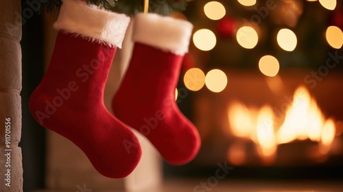 Cozy holiday scene featuring red Christmas stockings hanging by a warm fireplace, adorned with sparkling lights.