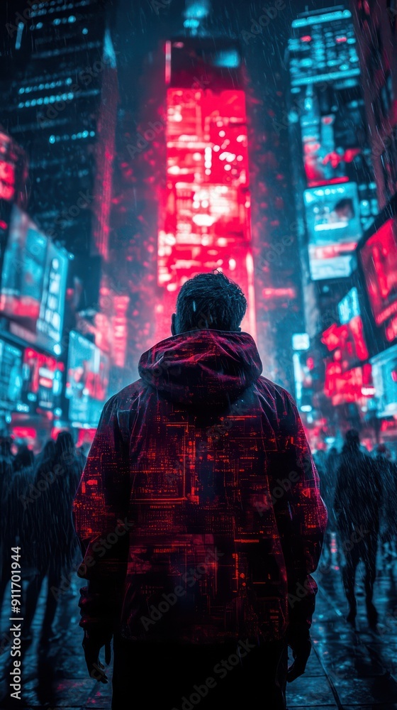 A man stands in the rain in front of a tall building. The image is a digital art piece with a futuristic cityscape in the background. The man is wearing a red jacket and he is looking up at the sky A man stands in the rain in front of a tall building. The image is a digital art piece with a futuristic cityscape in the background. The man is wearing a red jacket and he is looking up at the sky