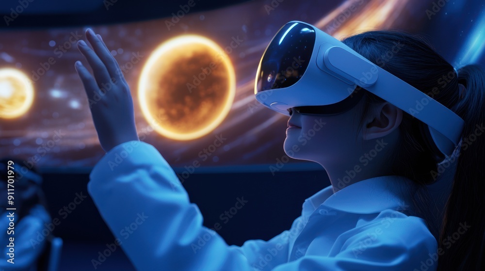 A child experiences a virtual reality journey in space, exploring planets and stars with immersive technology in a dark environment. A child experiences a virtual reality journey in space, exploring planets and stars with immersive technology in a dark environment.