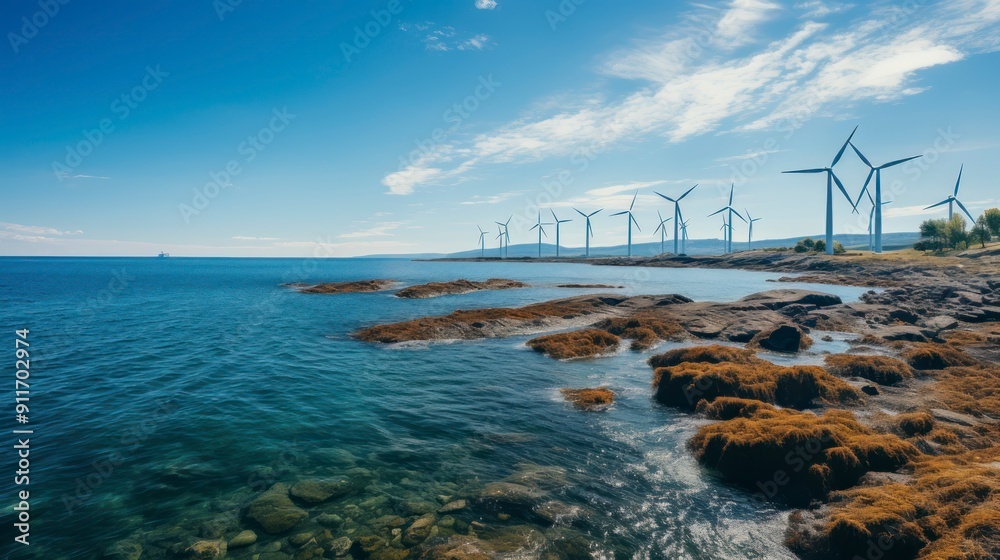 Fototapeta premium Wind turbines in the sea. Beautiful nature landscape with wind turbines.